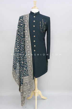 Dark Teal Pure Silk Indo-Western With Lakhnavi Work Dupatta 