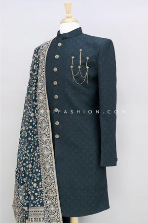 Dark Teal Pure Silk Indo-Western With Lakhnavi Work Dupatta 