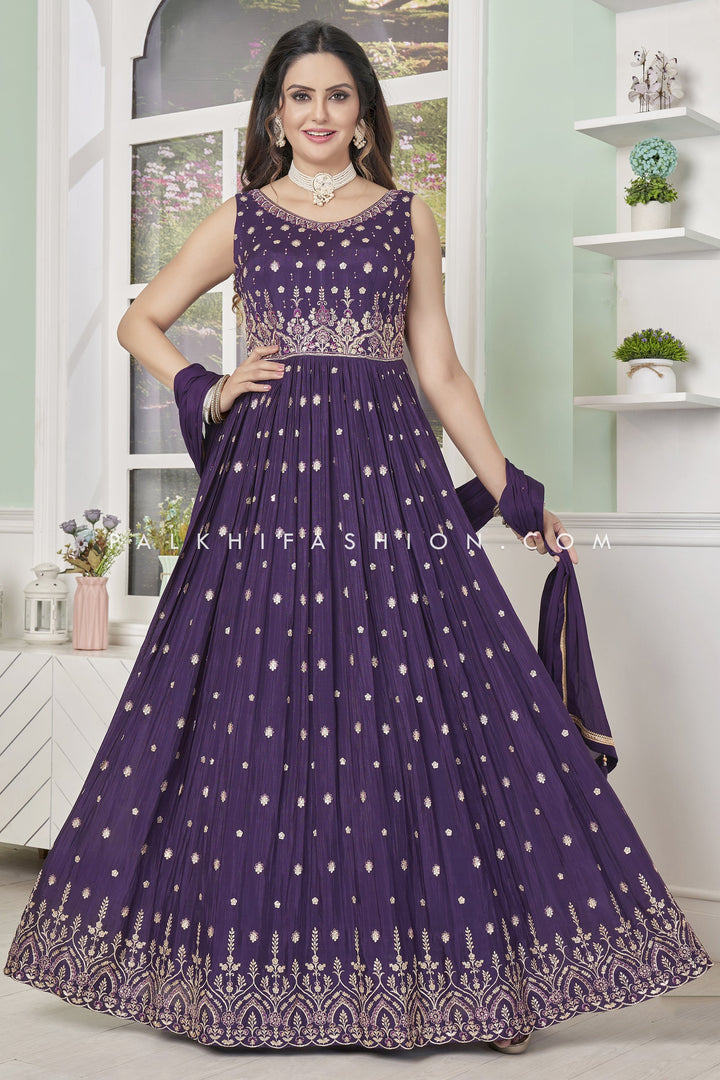 Deep Purple Color Indian Outfit With Embroidery Work - Palkhi Fashion