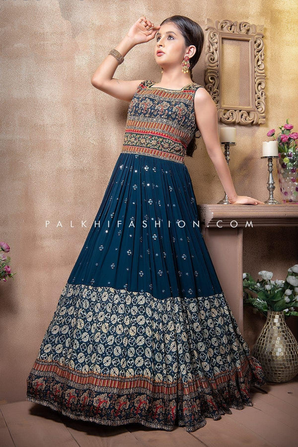 Delightful Petrol Blue Girls Indian Designer Outfit - Palkhi Fashion