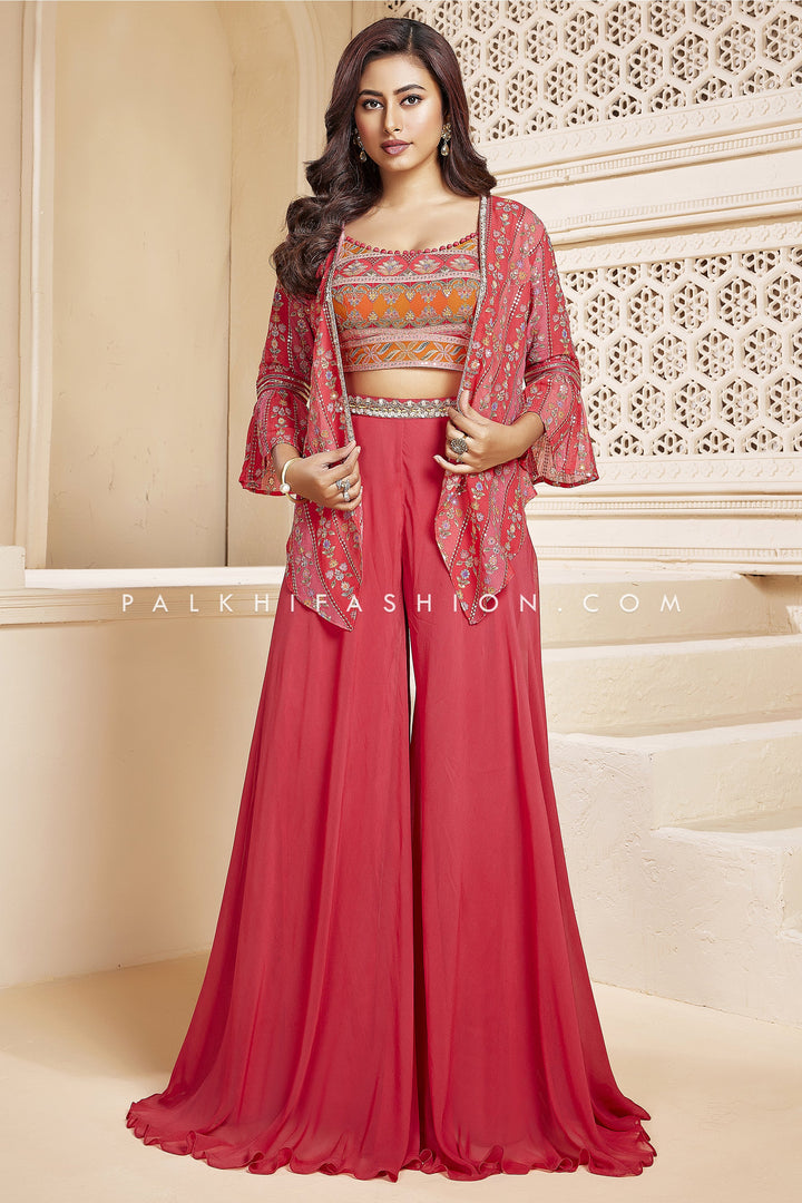 Designer Crop Top Outfit With Jacket In Coral Color - Palkhi Fashion