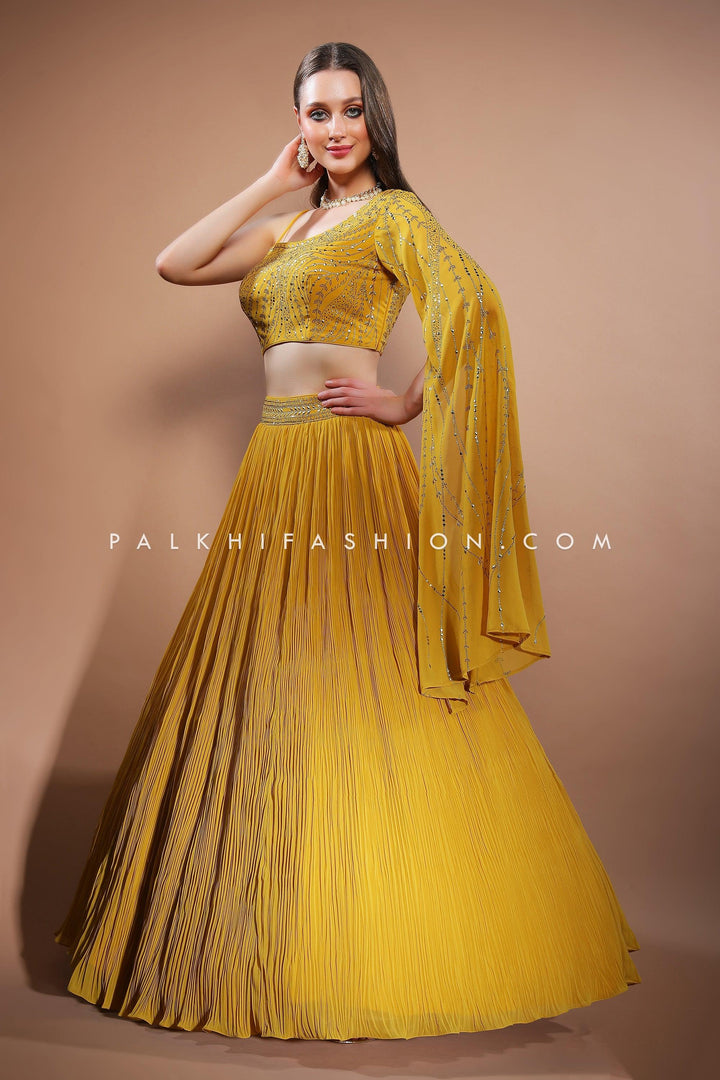 Designer One Shoulder Lehenga Choli In Light Mustard Color - Palkhi Fashion