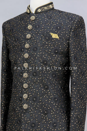 Designer Pure Silk Black Indo-Western With Elegant Work-Palkhi Fashion 