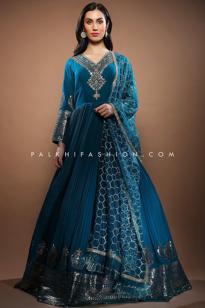 Designer Teal Color Indian Outfit With Foil thread & Handwork - Palkhi Fashion