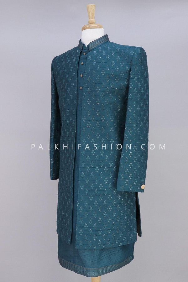 Designer Teal Color Pure Silk Indo-Western With Jacket - Palkhi Fashion
