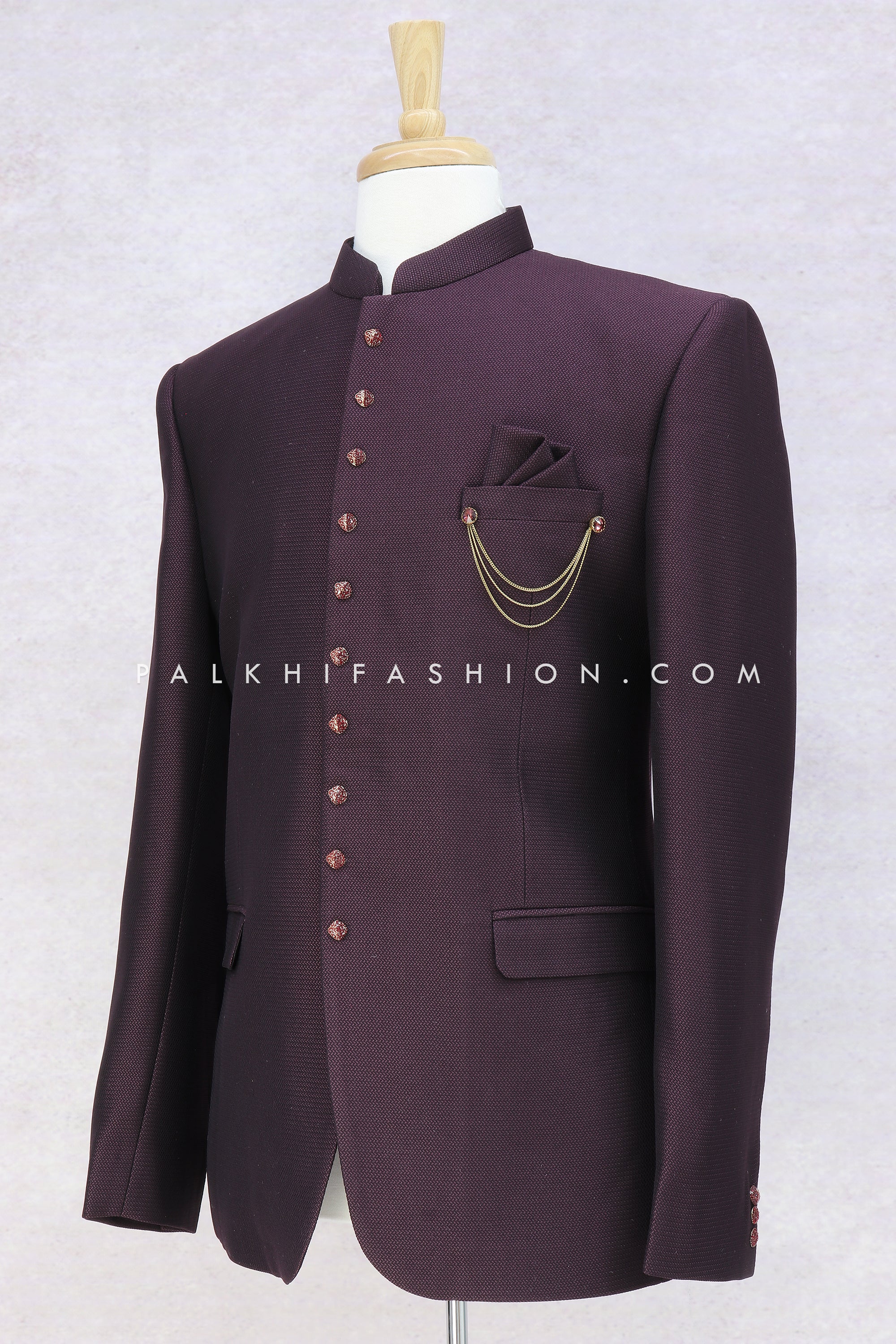Solid Color Terry Rayon Asymmetric Jodhpuri Suit in Wine : MHG1936