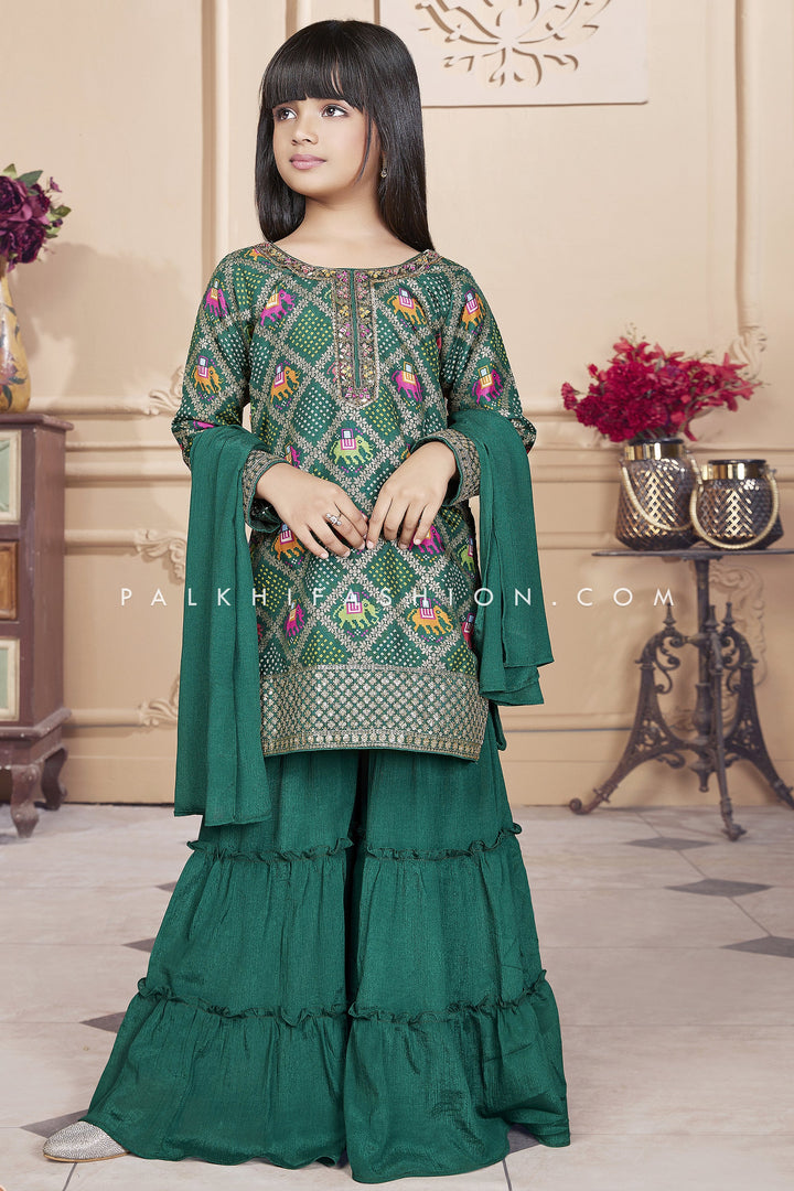 Elegant Emerald Green Palazzo Outfit With Bandhani & Patola Work - Palkhi Fashion