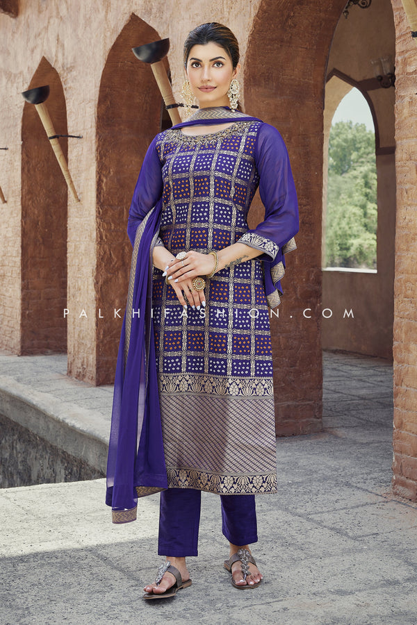 Elegant Purple Bandhani Straight-Cut Outfit With Handwork - Palkhi Fashion