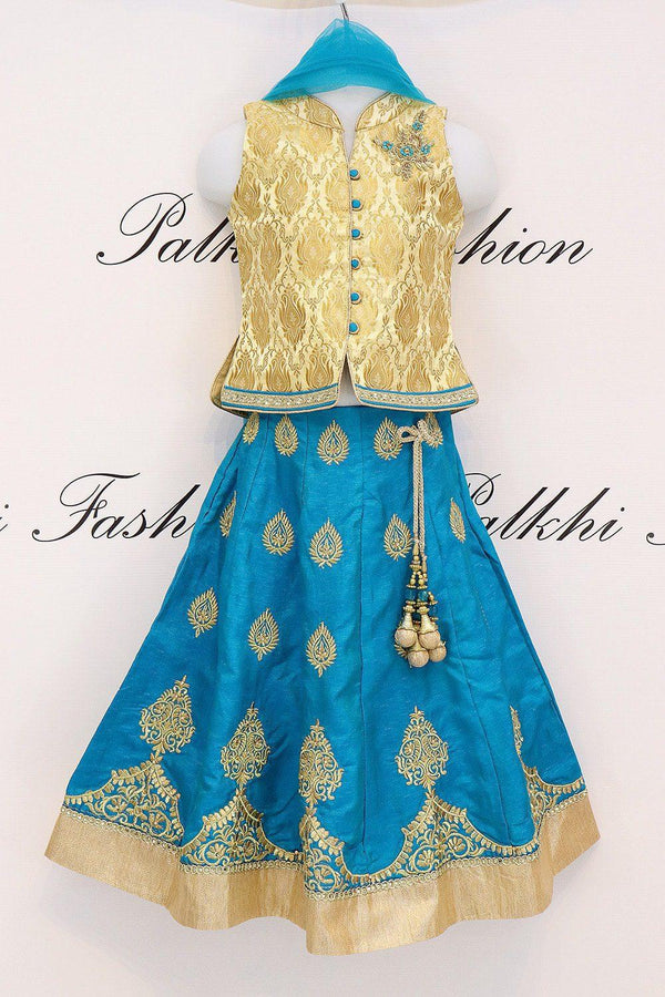Elegant Teal Girls Silk Lehenga Set With Beautiful Design - Palkhi Fashion