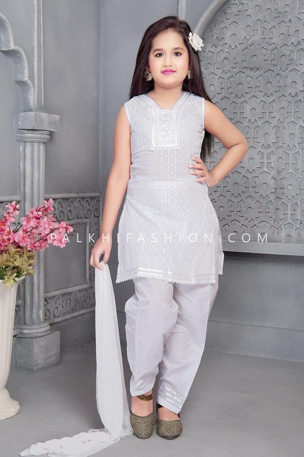 Elegant White Chikankari Salwar Kameez For Girls - Palkhi Fashion