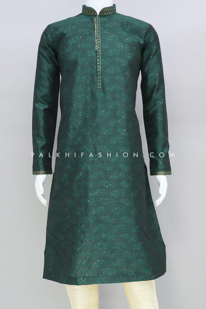 Emerald Green Mens Kurta Pajama With Sequin Embroidery - Palkhi Fashion