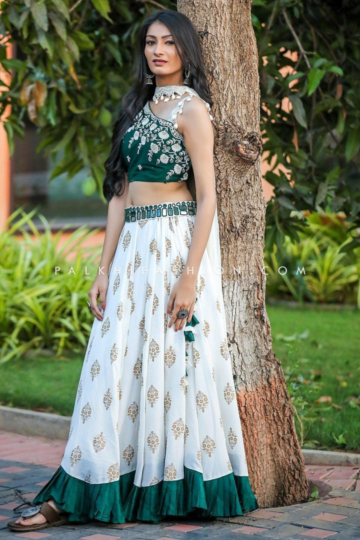 Emerald Green/Off-white Designer Navratri Chaniya Choli - Palkhi Fashion