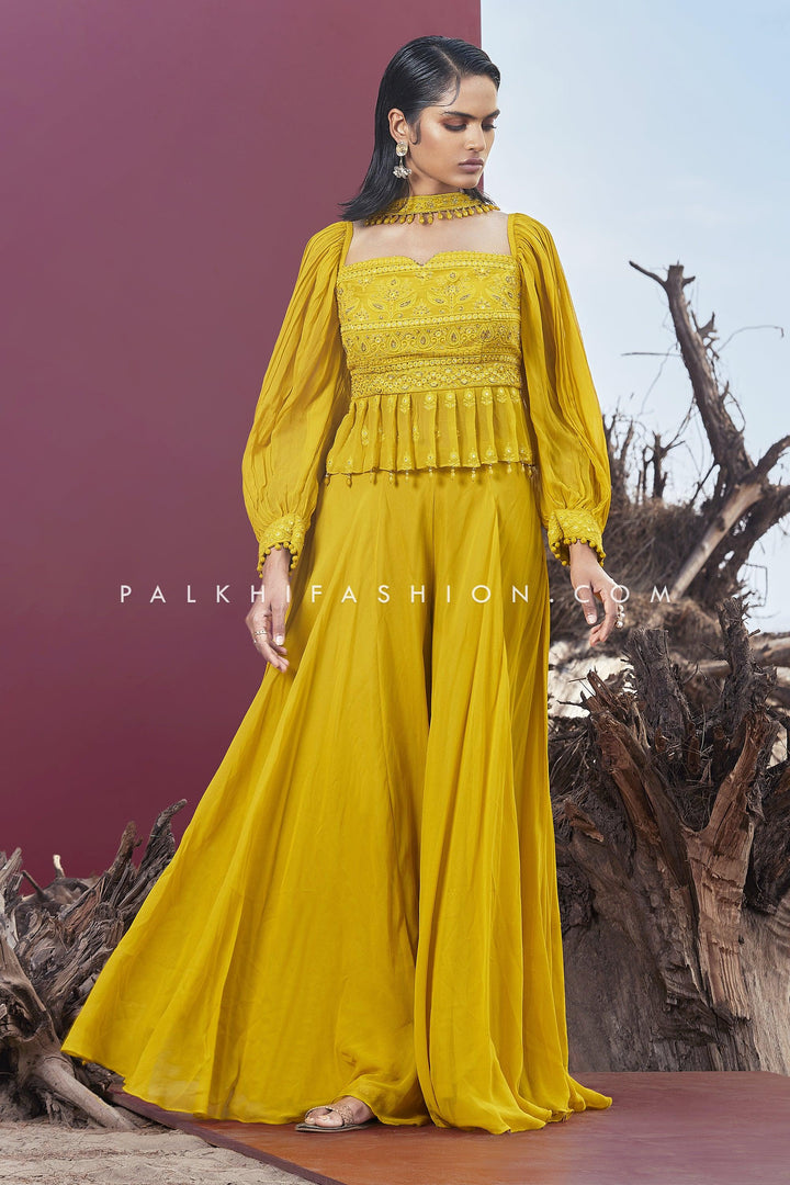 Exquisite Yellow Palazzo Outfit With Chikankari Work - Palkhi Fashion