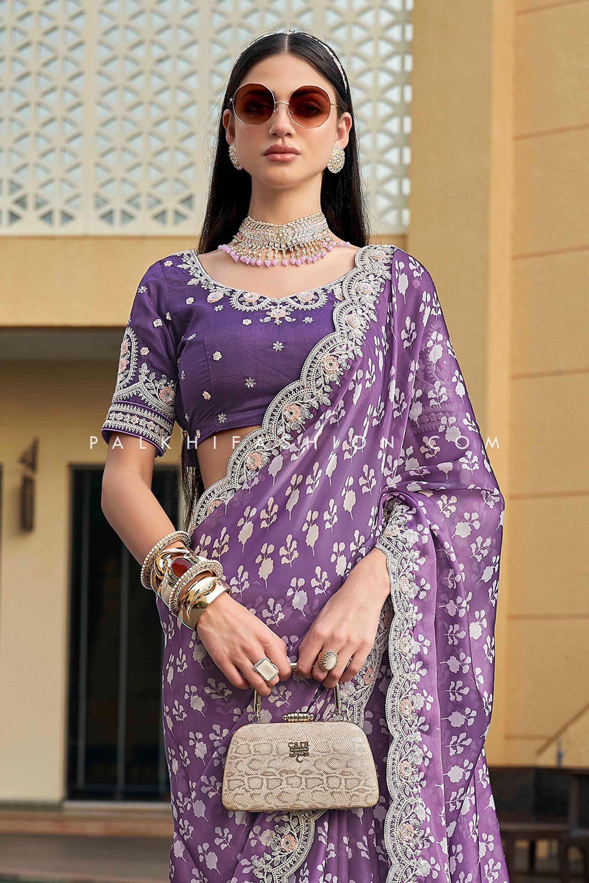 Purple printed georgette saree with blouse - Vedant Vastram - 4072924