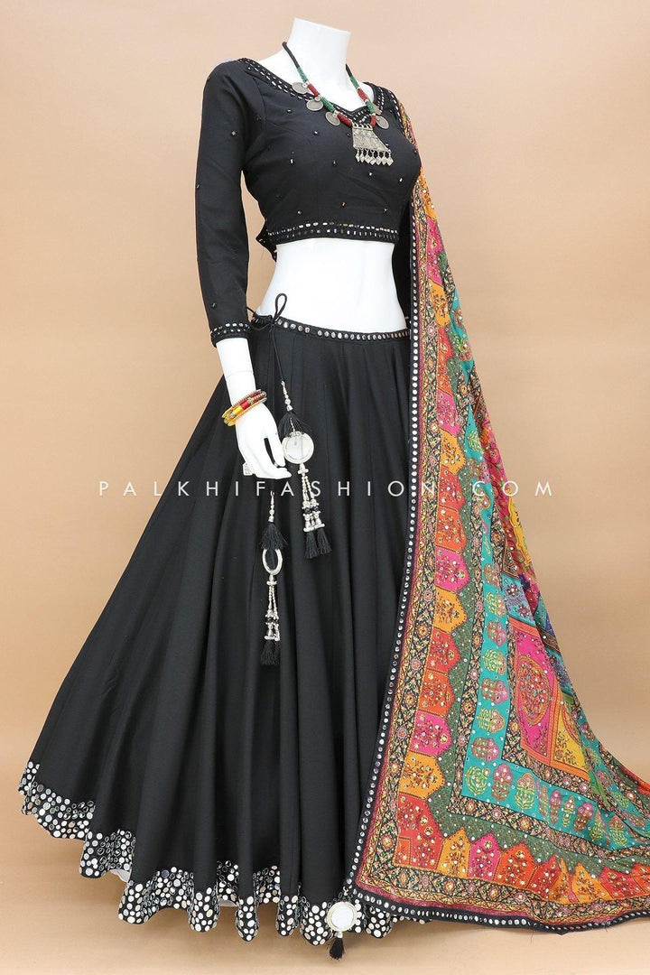 Full Flair Black Navratri Chaniya Choli With Mirror Work - Palkhi Fashion