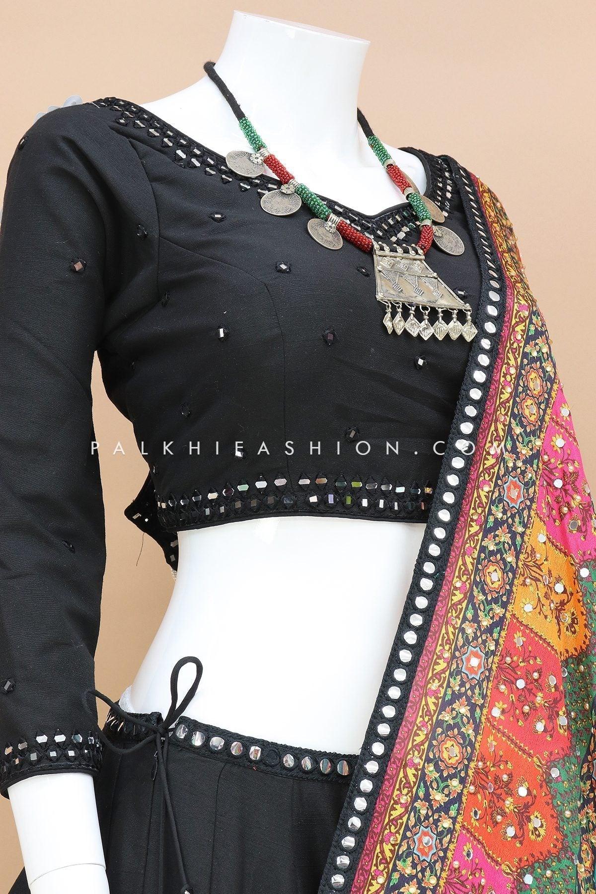 Full Flair Black Navratri Chaniya Choli With Mirror Work