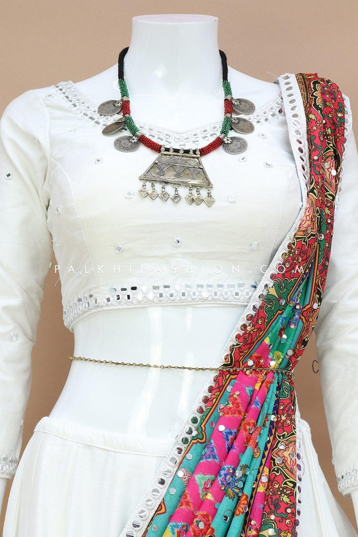 Full Flair White Navratri Chaniya Choli With Mirror Work - Palkhi Fashion