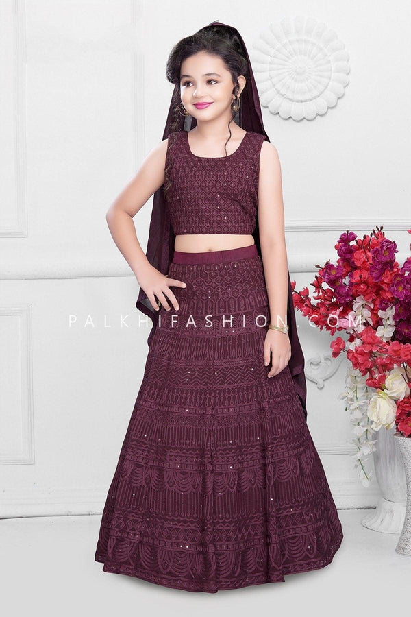 Glamourous Wine Color Designer Girls Lehenga Choli - Palkhi Fashion