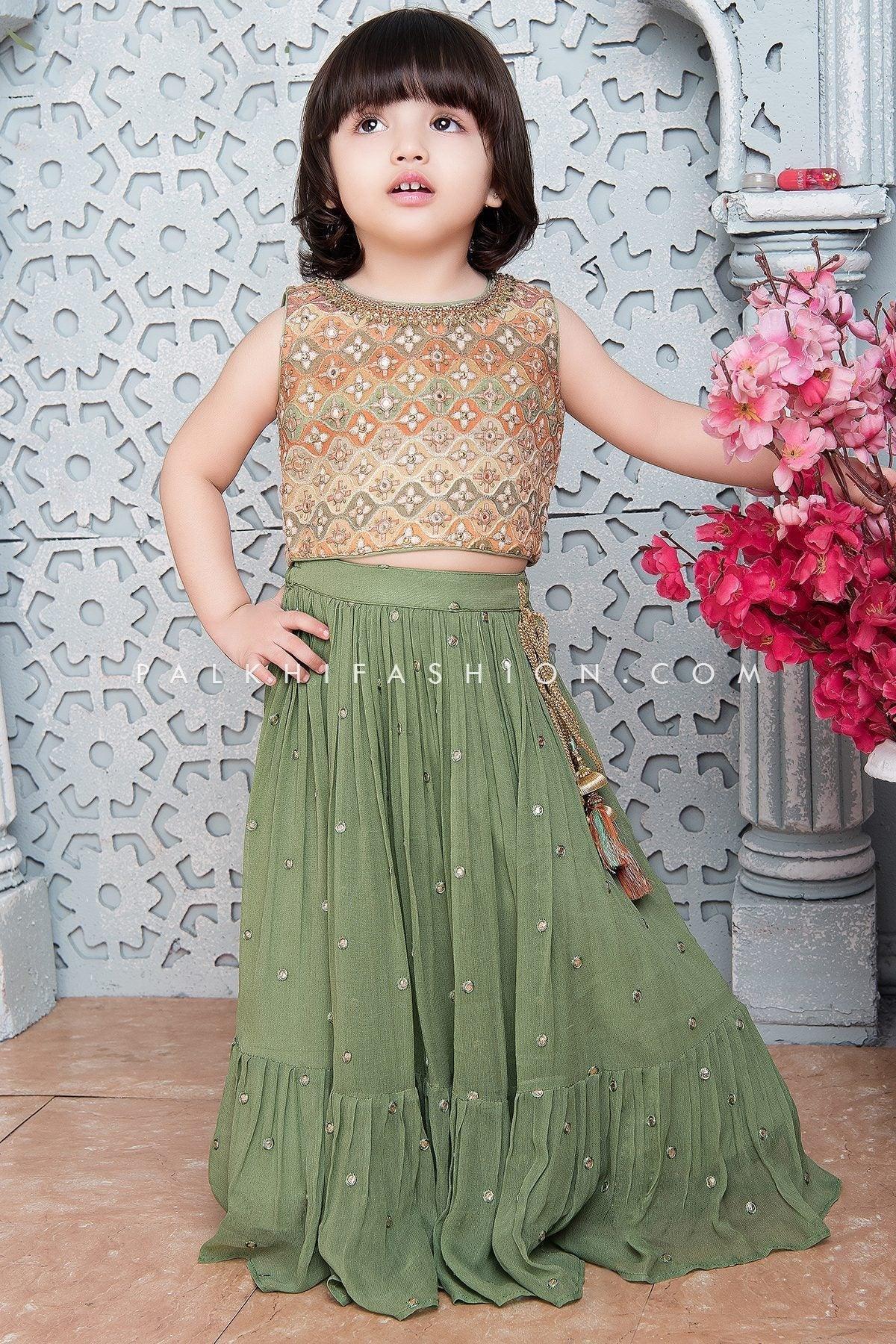 Green Girls Lehenga Choli With Multi Colored Blouse 