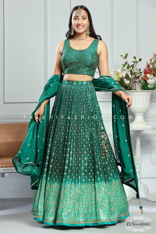 Green Ombre Lehenga Choli With Bandhani Work - Palkhi Fashion