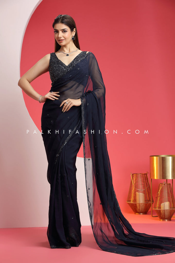 Indian Designer Saree With Handwork In Navy Blue Color - Palkhi Fashion
