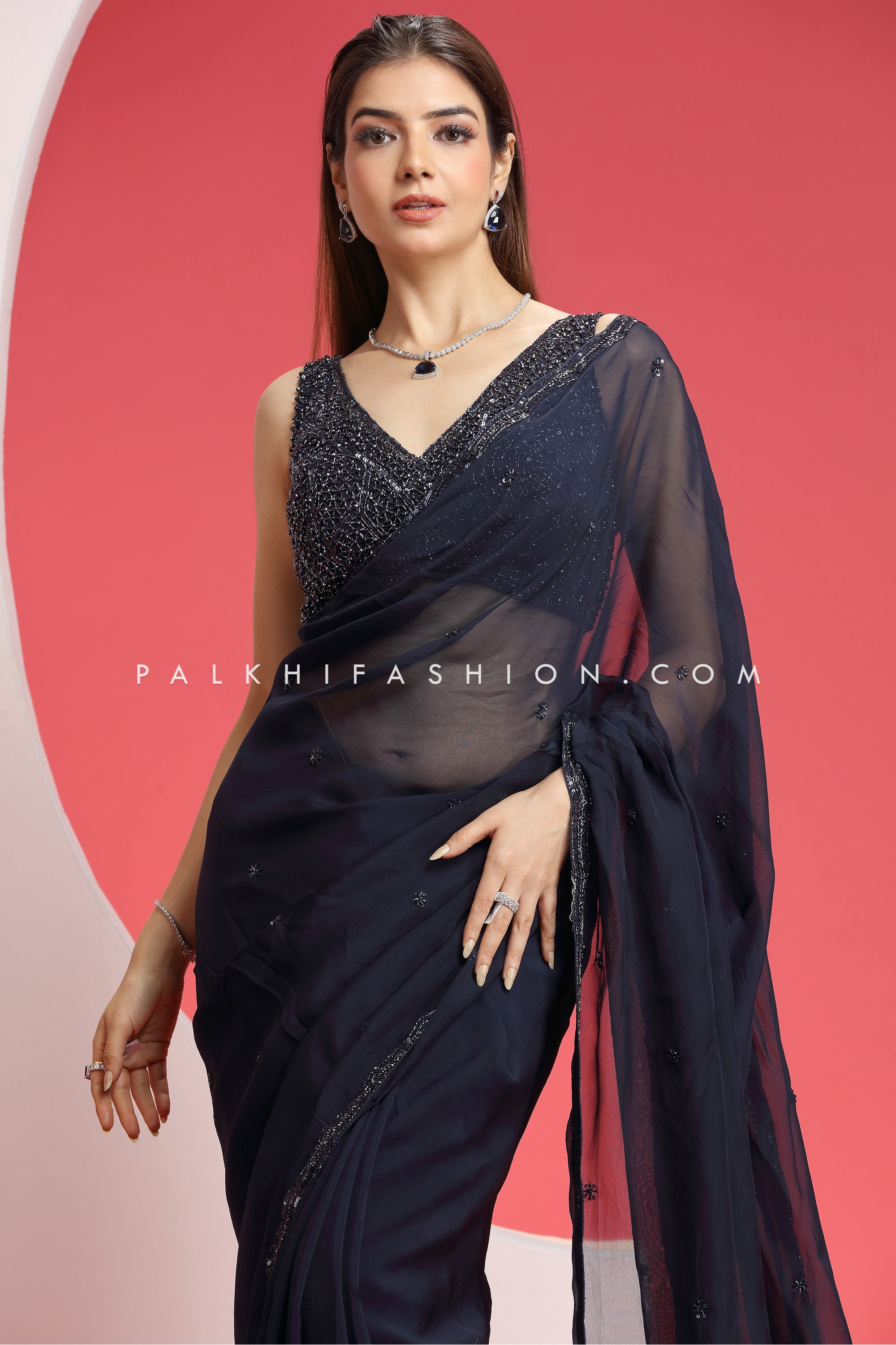 Indian Designer Saree With Handwork In Navy Blue Color - Palkhi Fashion