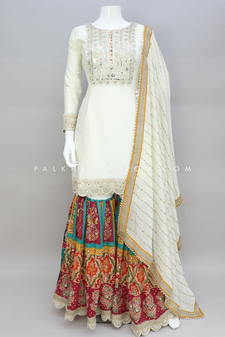 Irresistible Cream Gharara Outfit With Mirror Work - Palkhi Fashion