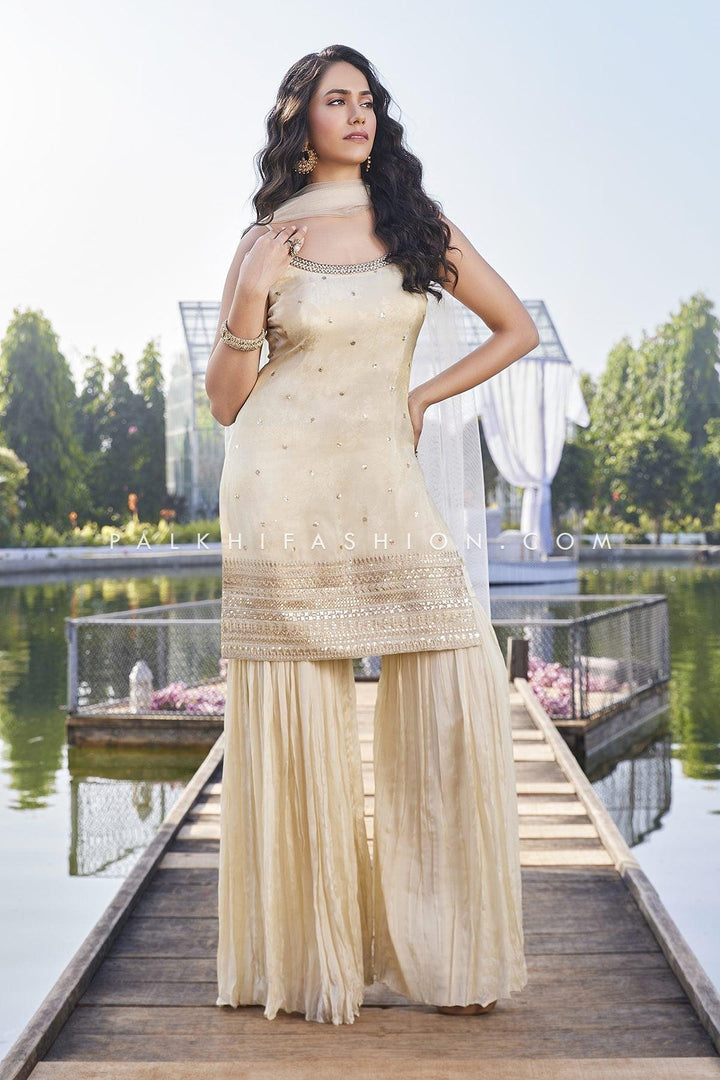 Irresistible Ivory Palazzo Outfit With Elegant Work - Palkhi Fashion