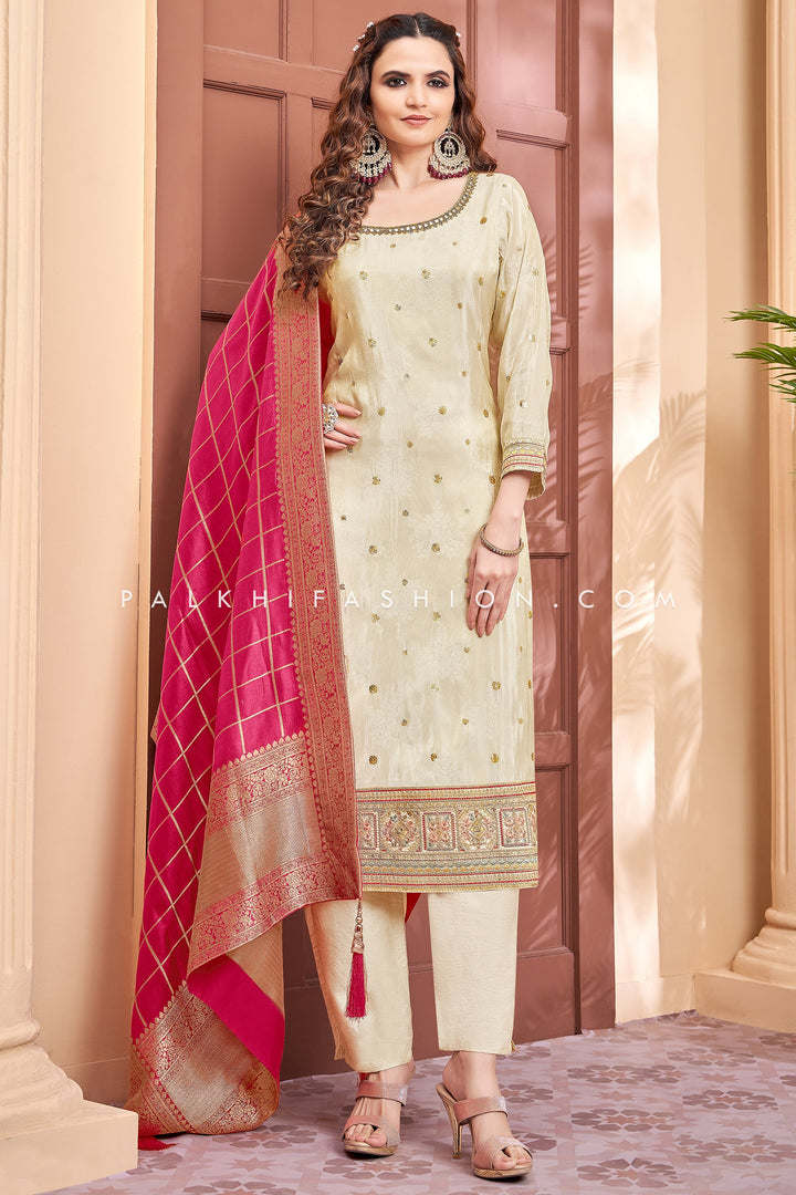 Irresistible Ivory Straight Cut Outfit With Rani Pink Silk Dupatta - Palkhi Fashion