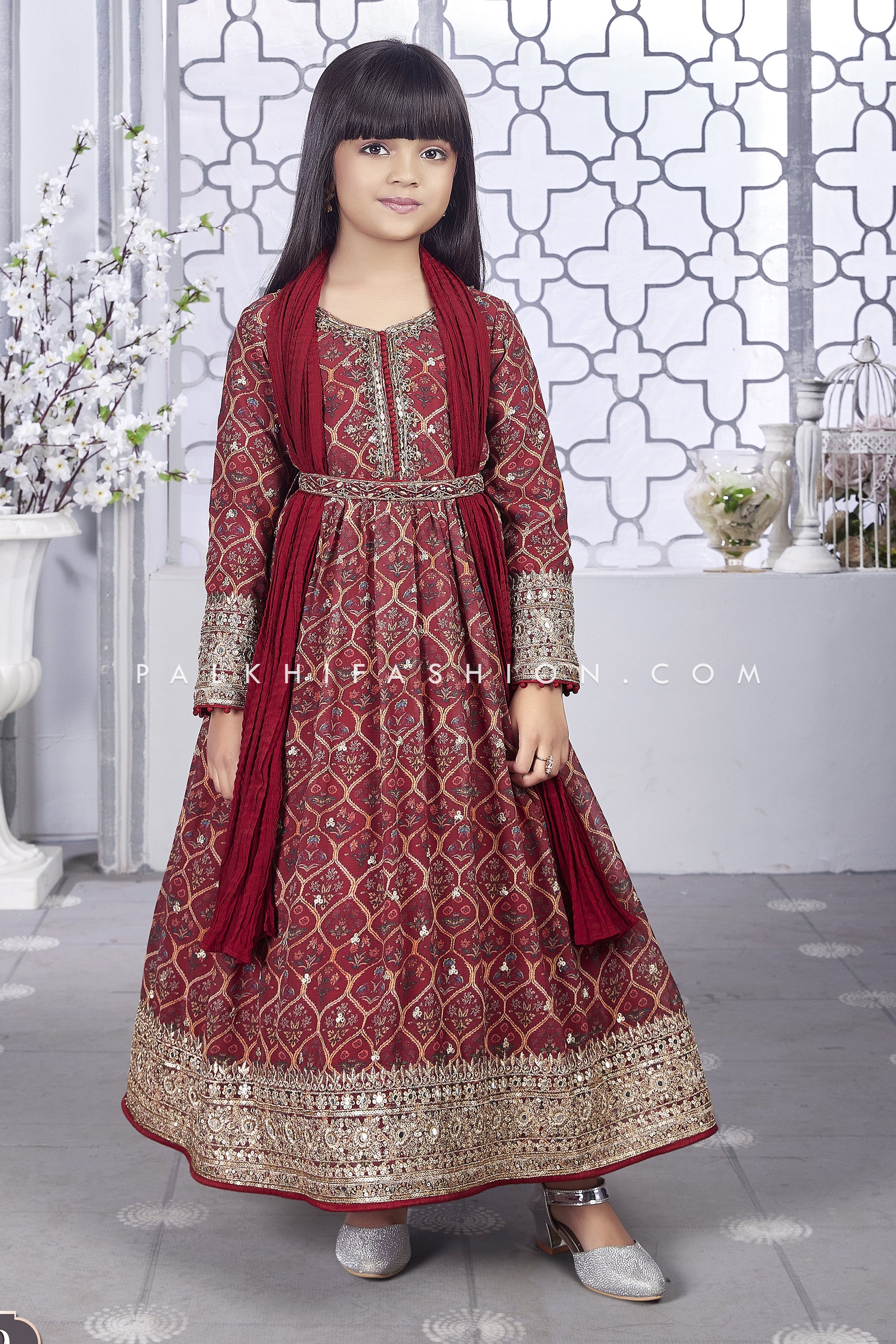 Maroon Anarkali Suit Adorned in Floral Prints and Embroideries with Pant  and Dupatta|Salwar Suits-Diademstore.com