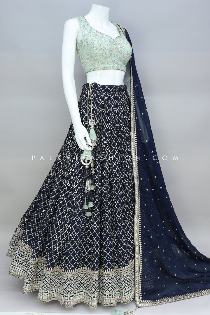 Lavish Light Teal/Navy Designer Lehenga Choli With Handwork - Palkhi Fashion