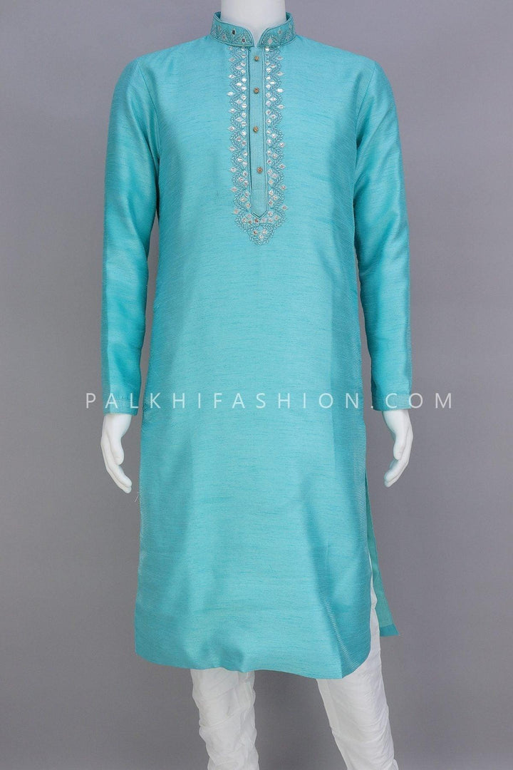 Light Blue Soft Raw Silk Kurta Pajama With Handwork - Palkhi Fashion