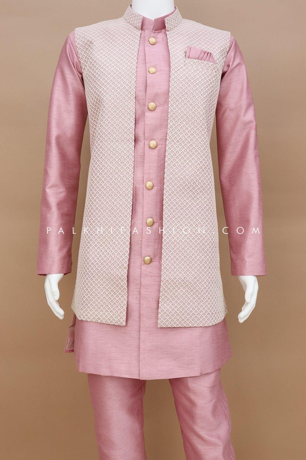 Light Mauve Mens Jacket Kurta With Chikankari Work 