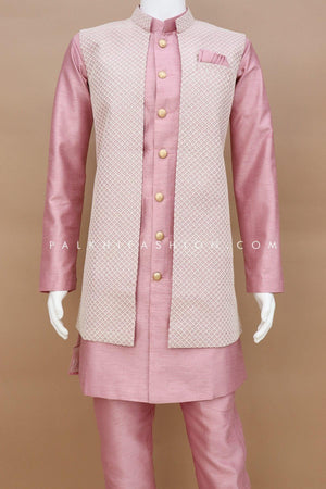 Light Mauve Mens Jacket Kurta With Chikankari Work 