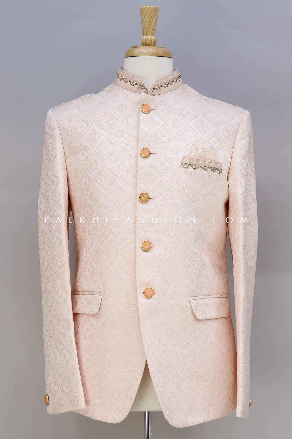 Engaging Cream Color Jacquard Fabric Readymade Jodhpuri Suit