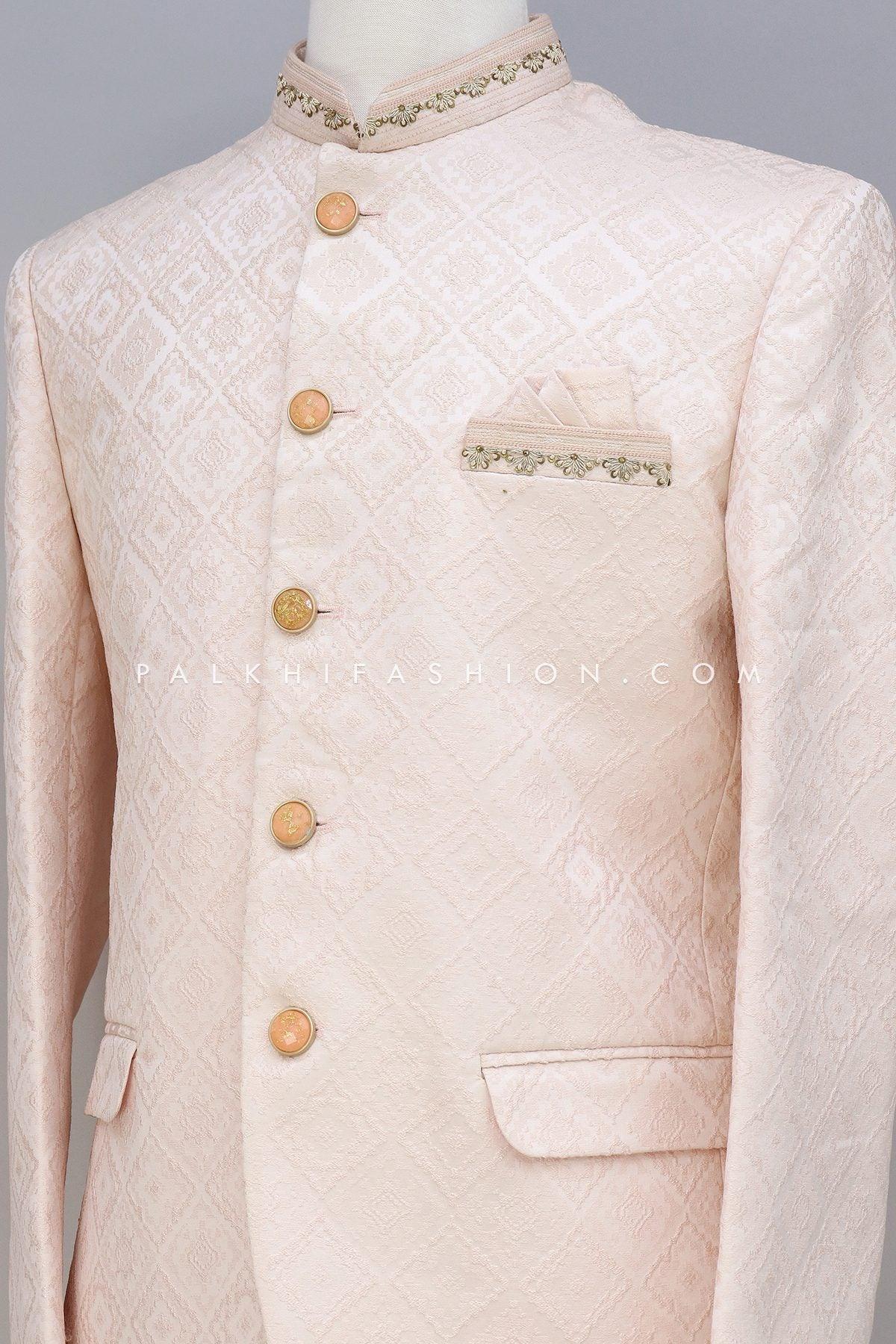 Light Peach Jodhpuri Suit With Chikankari Work 