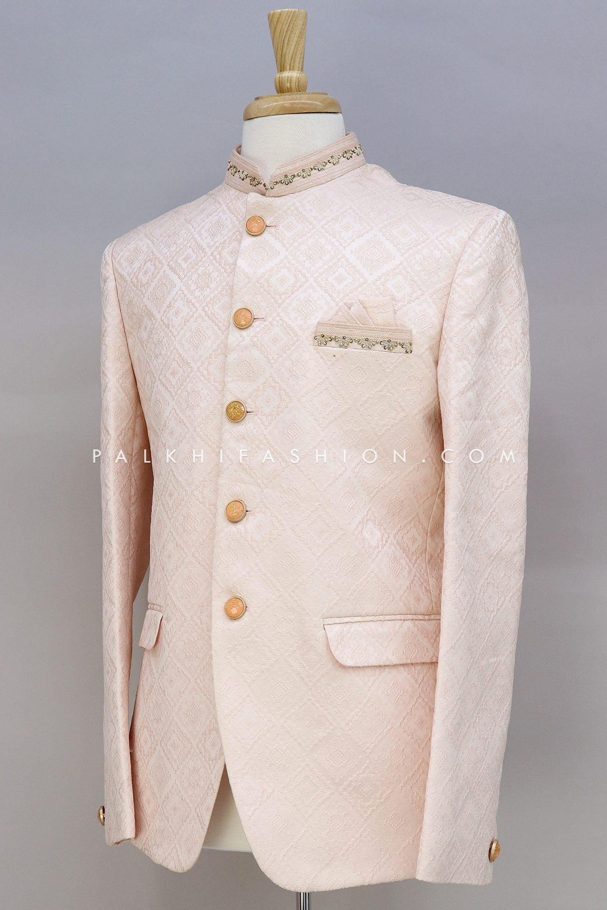 Light Peach Jodhpuri Suit With Chikankari Work 