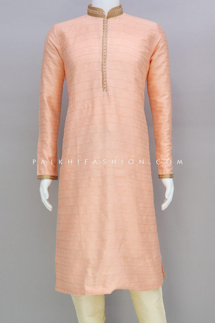 Light Peach Soft Silk Men's Kurta Pajama - Palkhi Fashion