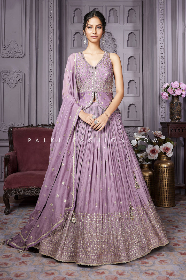 Luxurious Lilac Color Long Blouse Designer Lehenga Choli - Palkhi Fashion