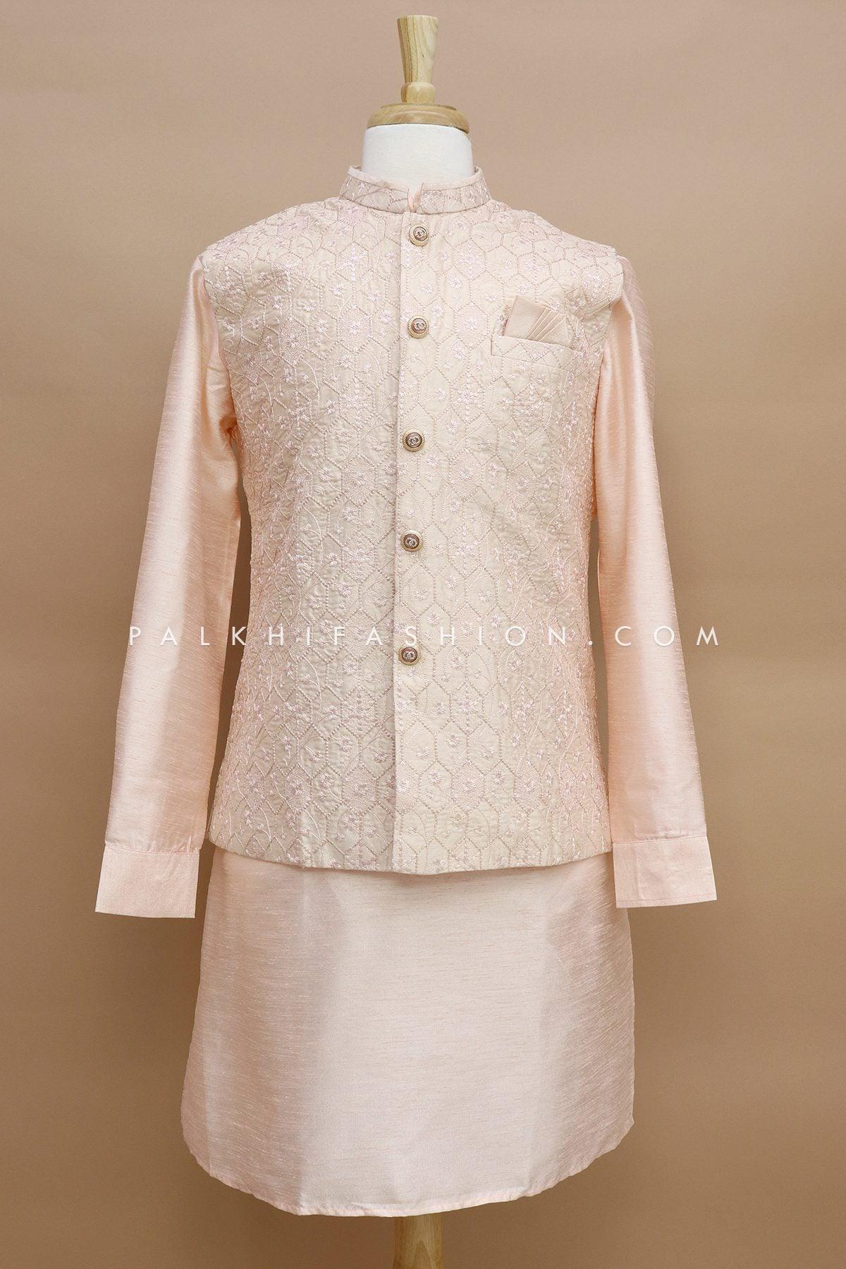 Mens Chikankari Work Jacket Kurta In Light Peach Color 