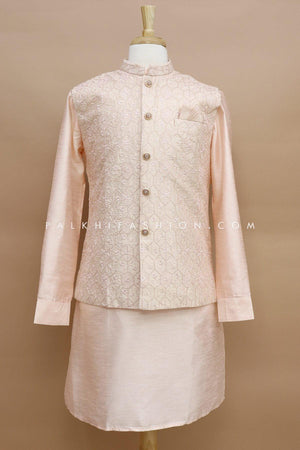 Mens Chikankari Work Jacket Kurta In Light Peach Color 