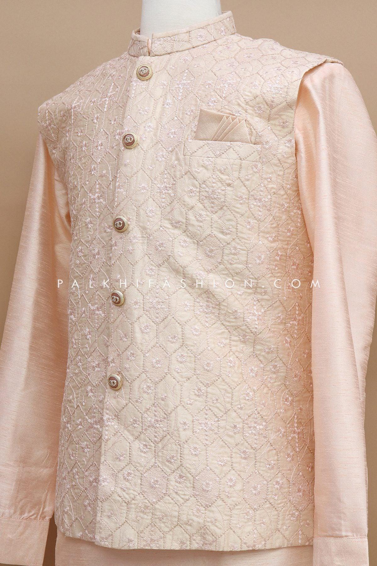 Mens Chikankari Work Jacket Kurta In Light Peach Color 