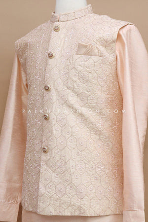 Mens Chikankari Work Jacket Kurta In Light Peach Color 