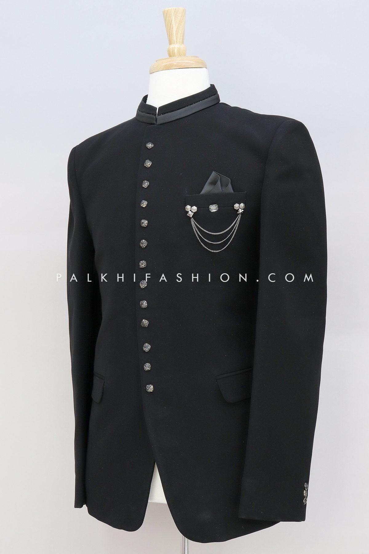 Micro Velvet Jodhpuri Suit In Jade Black Color 
