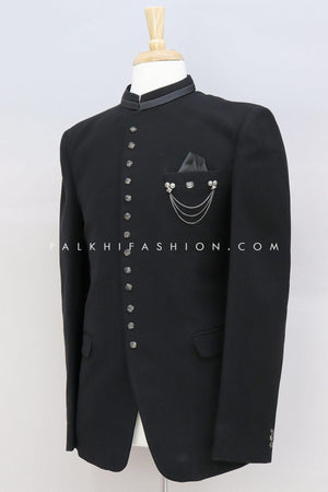 Micro Velvet Jodhpuri Suit In Jade Black Color 