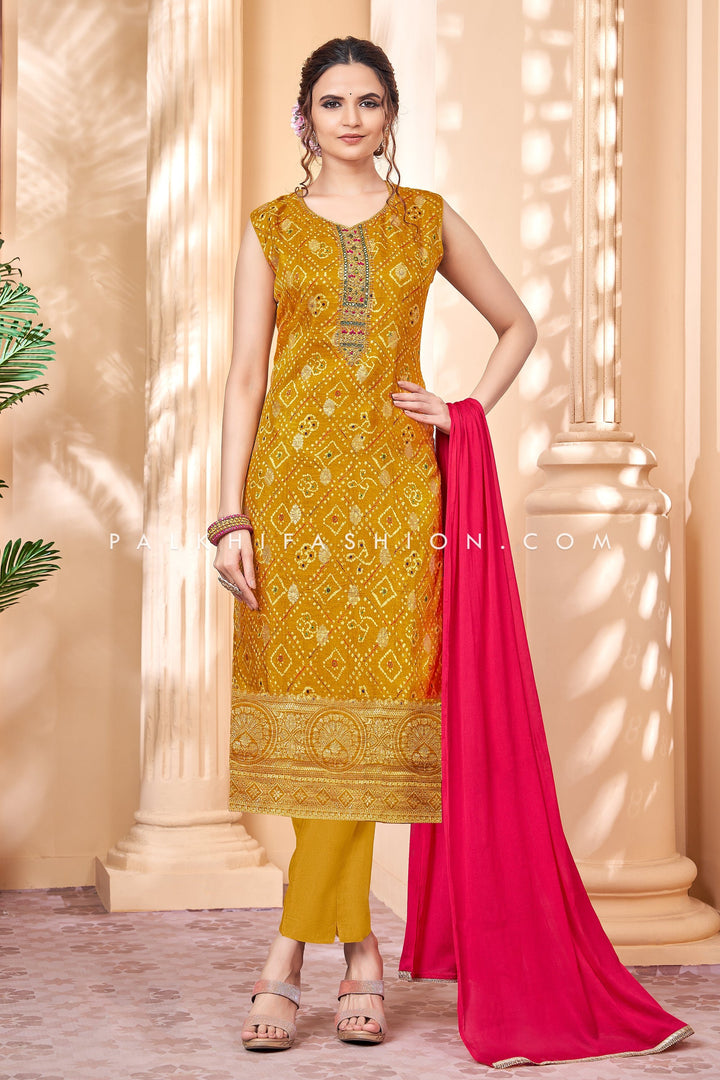 Mustard/Pink Straight-Cut Outfit With Bandhani Work - Palkhi Fashion