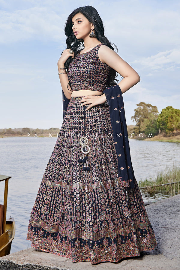 Navy Blue Girl Designer Lehenga Choli With Appealing Work - Palkhi Fashion