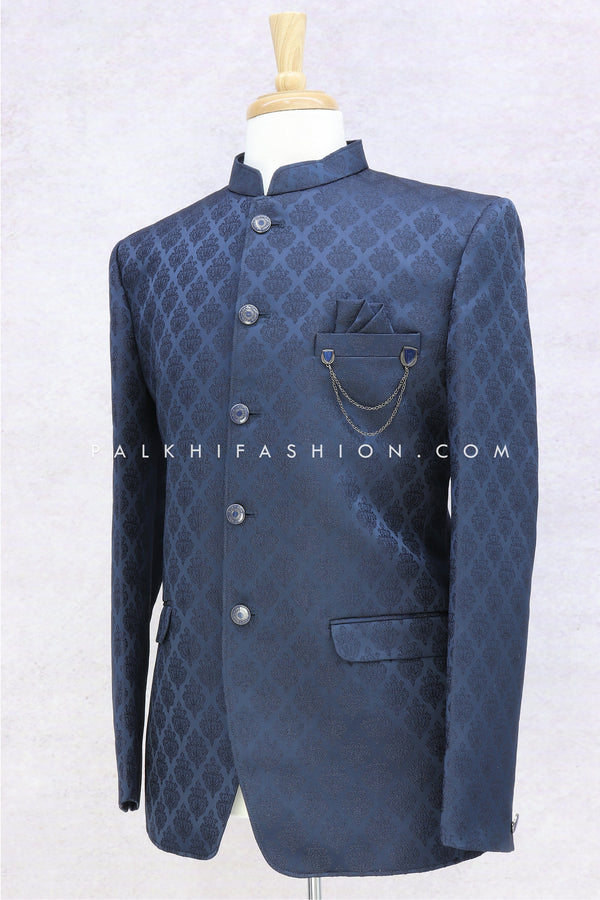 Navy Blue Pure Silk Jodhpuri Suit With Classic Embroidery - Palkhi Fashion
