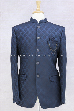 Navy Blue Pure Silk Jodhpuri Suit With Classic Embroidery - Palkhi Fashion