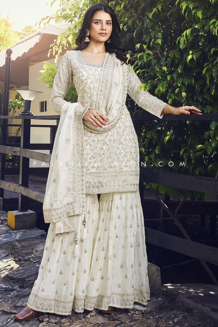 Off White Color Designer Gharara Suit With Mirror Work - Palkhi Fashion